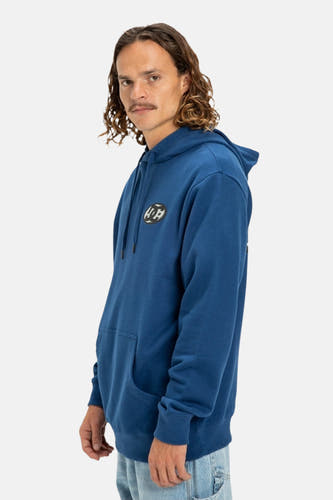 Blauwe sweater met kap van DC SHOES, met trekkoord, buidelzak en logo op de borst.
