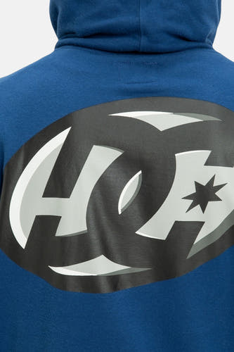 Blauwe sweater met kap van DC SHOES, met een groot zwart-wit logo op de rug.
