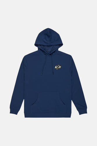 Blauwe sweater met kap van DC SHOES met logo op de borst en buidelzak.