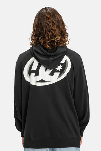 Zwarte sweater met kap van DC SHOES, met groot logo op de achterkant en lange mouwen.
