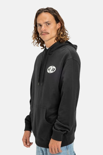 Zwarte sweater met kap van DC SHOES, met een witte ronde logo op de borst, een buidelzak aan de voorkant.