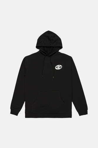 Zwarte hoodie van DC SHOES met een wit logo op de borst en een buidelzak.