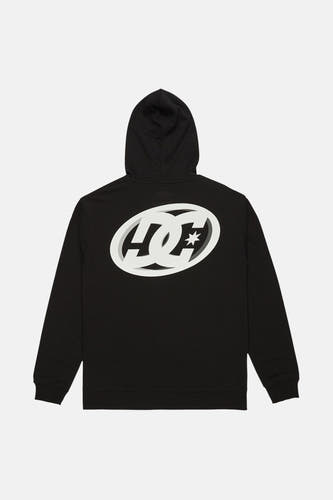 Zwarte sweater met kap van DC SHOES, met groot ovaal logo op de rug.
