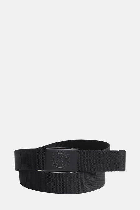 Zwarte riem van ELEMENT, met merklogo op de gesp en merknaam op de riemlus.

