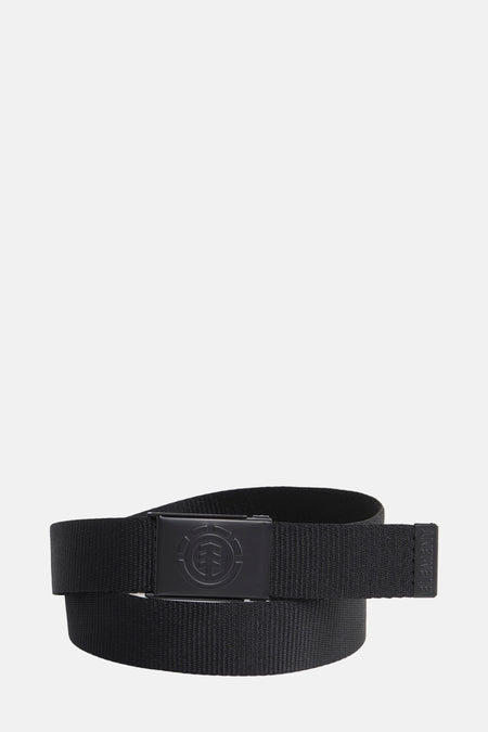 Zwarte riem van ELEMENT, met merklogo op de gesp en merknaam op de riemlus.
