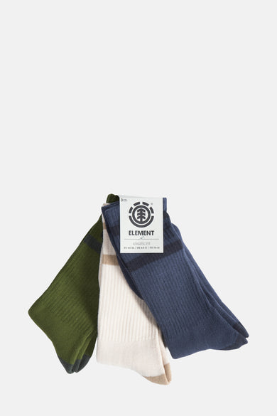 Chaussettes multicolores d'ELEMENT avec des rayures et le mot de marque dessus, en bleu foncé, blanc et vert.