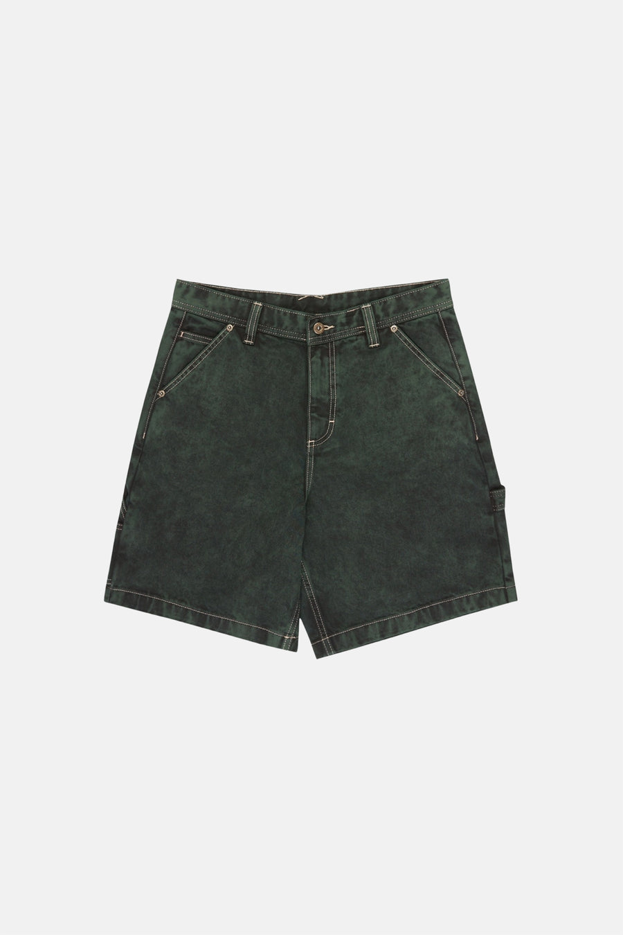 Short en jean vert de ELEMENT, avec coutures contrastées et une subtile texture délavée.