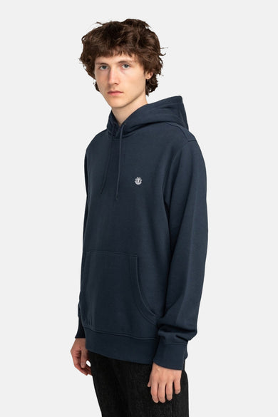 Blauwe sweater met kap van ELEMENT, met een logo op de borst en een buidelzak.