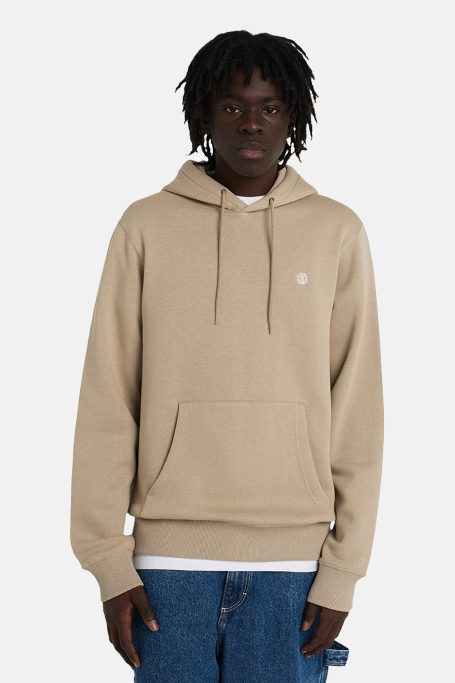 Beige hoodie van ELEMENT, met lange mouwen, een capuchon en een zak aan de voorkant.