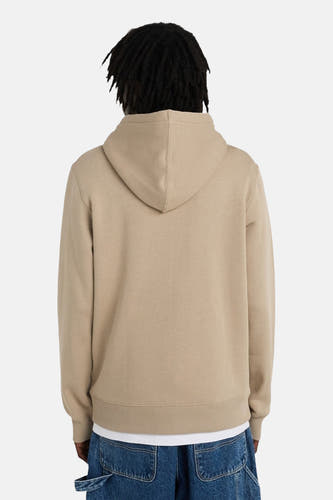 Beige sweater met kap van ELEMENT, gezien van achteren, met een witte T-shirt en blauwe broek.
