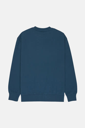 Blauwe sweater met ronde hals van ELEMENT, effen kleur en lange mouwen, gezien vanaf de achterkant.

