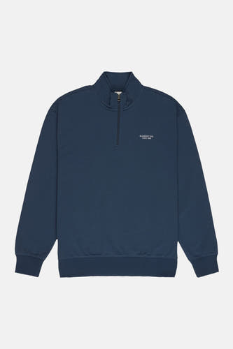 Blauwe sweater van ELEMENT CO. met een korte ritssluiting aan de voorkant en een logo op de borst.
