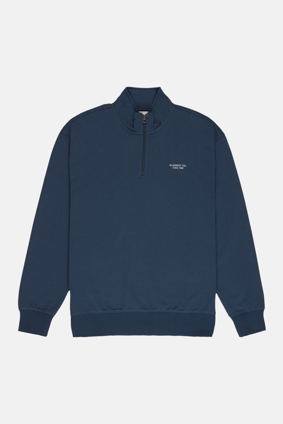 Blauwe sweater van ELEMENT CO. met een korte ritssluiting aan de voorkant en een logo op de borst.
