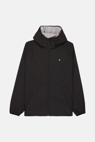 Zwarte regenjas van ELEMENT, met capuchon en een klein logo op de borst.