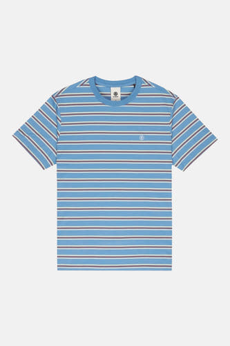 Blauw T-shirt met korte mouwen van ELEMENT, met horizontale witte en bordeaux strepen.