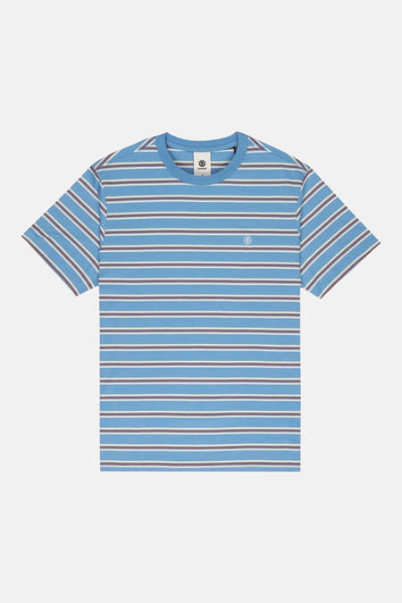 Blauw T-shirt met korte mouwen van ELEMENT, met horizontale witte en bordeaux strepen.