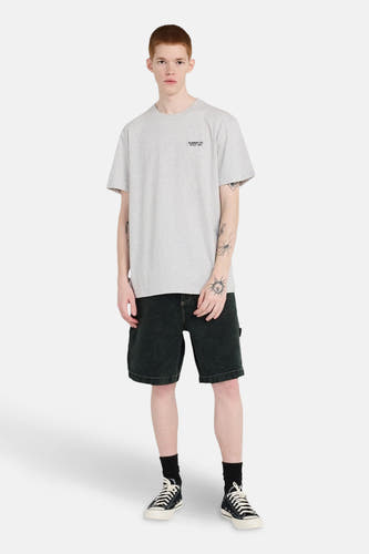 Grijs T-shirt met korte mouwen van ELEMENT, gedragen met donkere denim shorts en zwarte sokken.