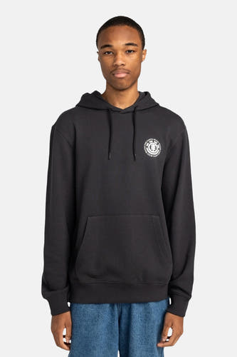 Zwarte sweater met kap van ELEMENT, met een witte cirkelvormige logo op de borst en een buidelzak.
