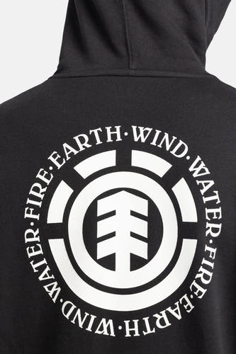 Zwarte sweater met kap van ELEMENT, met witte elementen logo op de achterkant.