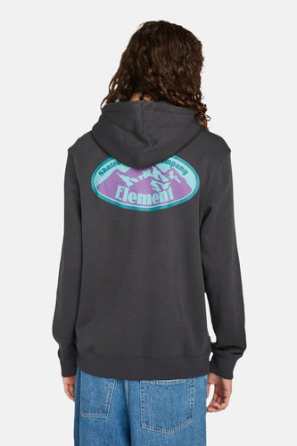 Zwarte sweater met kap van Element, met een ovale print van bergen op de rug.