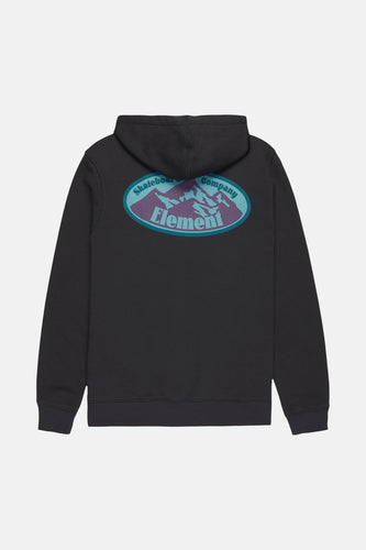 Zwarte sweater met kap van ELEMENT, met ovale print van bergen en de tekst "Skateboard Company" op de rug.