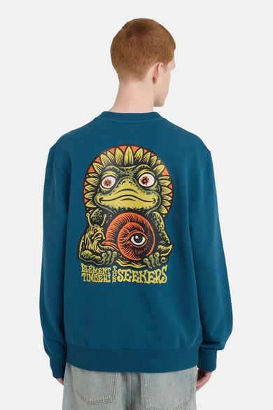 Gilet bleu avec col rond d'ELEMENT, avec une impression frappante d'une grenouille et d'un escargot sur le dos.
