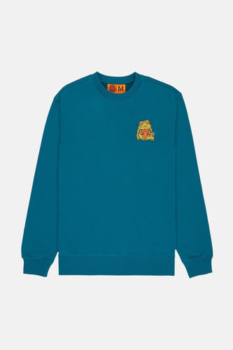 Blauwe sweater van ELEMENT met een ronde hals en een oranje afbeelding van een kikker met een basketbal.
