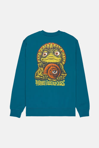 Blauwe sweater van ELEMENT met op de achterkant een afbeelding van een kikker met een slak.
