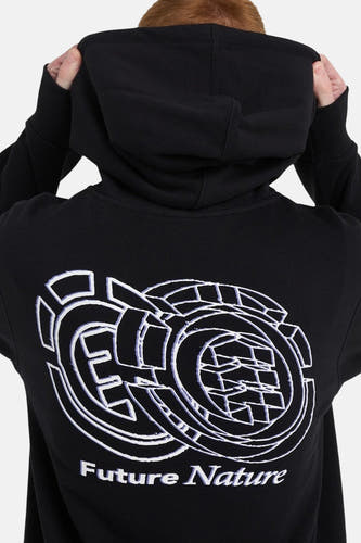 Zwarte sweater van ELEMENT met capuchon, met een opvallende print op de rug en de tekst "Future Nature".
