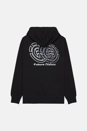 Zwarte sweater-gilet van ELEMENT met capuchon en witte "Future Nature"-print op de achterkant.
