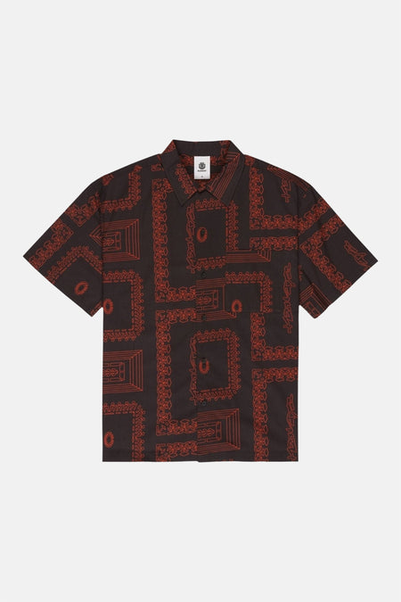 Zwart overhemd met korte mouwen van ELEMENT, voorzien van een grafisch patroon in rood.
