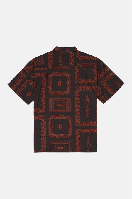 Zwart overhemd met korte mouwen van ELEMENT, met rood patroon van vierkanten en lijnen.