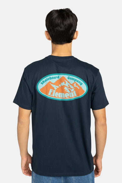 T-shirt bleu à manches courtes d'ELEMENT, avec logo sur la poitrine et le cou.