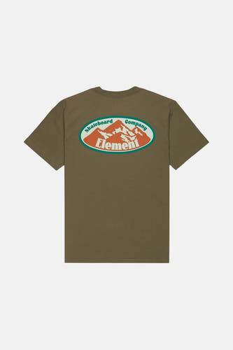 T-shirt vert avec manches courtes d'ELEMENTLEMENT un logo de skateboard rétro sur le dos.
