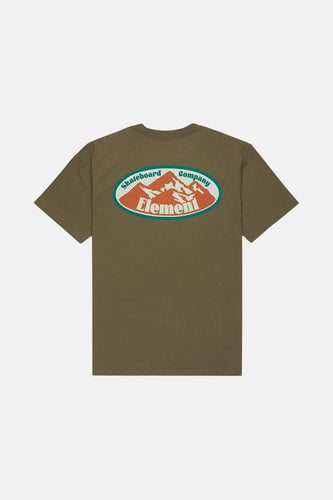 Groen T-shirt met korte mouwen van ELEMENT met een retro skateboardlogo op de rug.