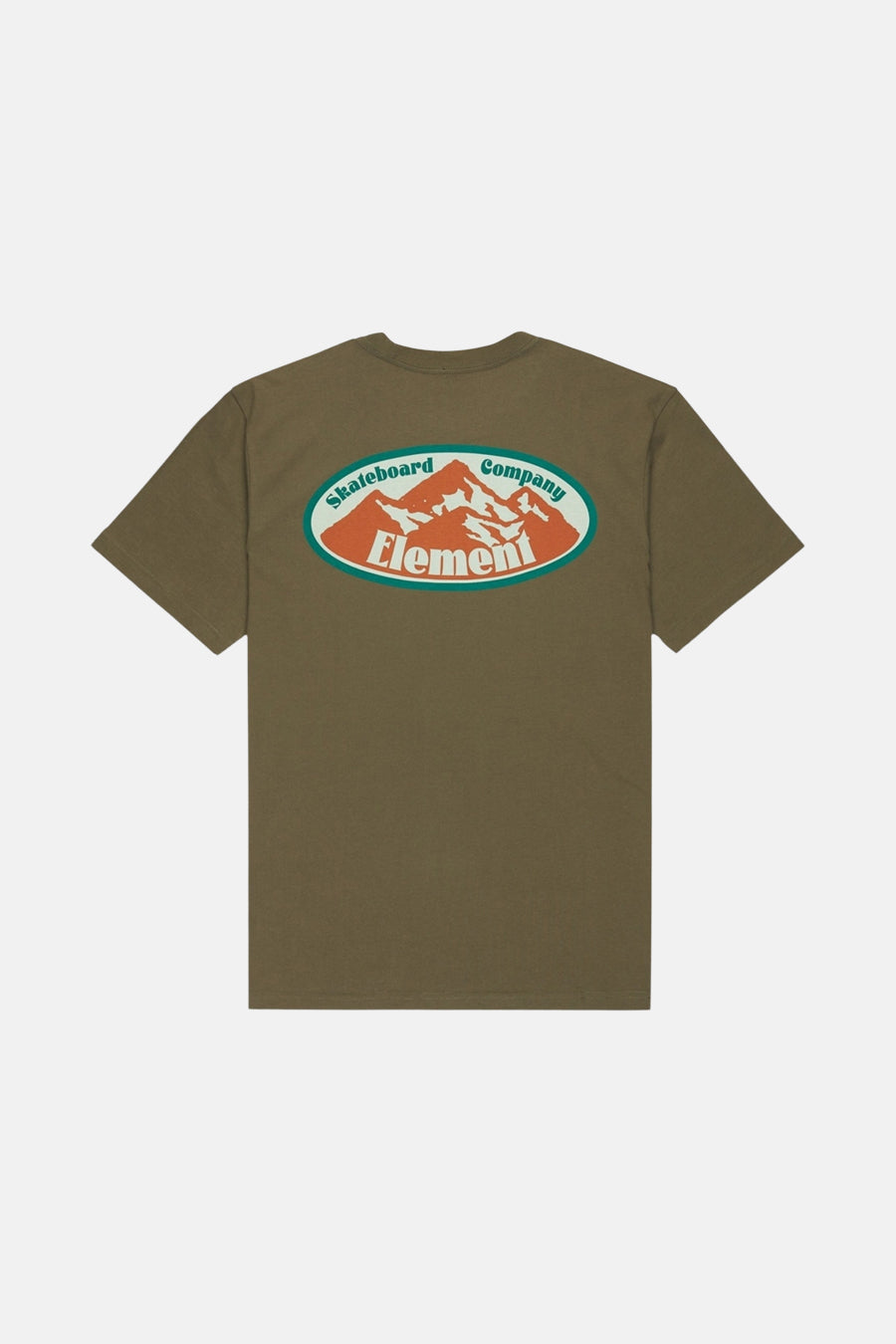 Groen T-shirt met korte mouwen van ELEMENT met een retro skateboardlogo op de rug.