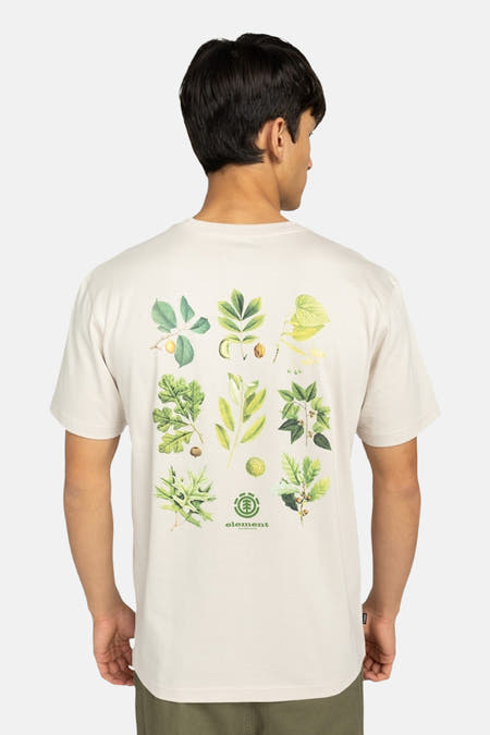 Ecru T-shirt met korte mouwen van ELEMENT, met botanische print op de rug.
