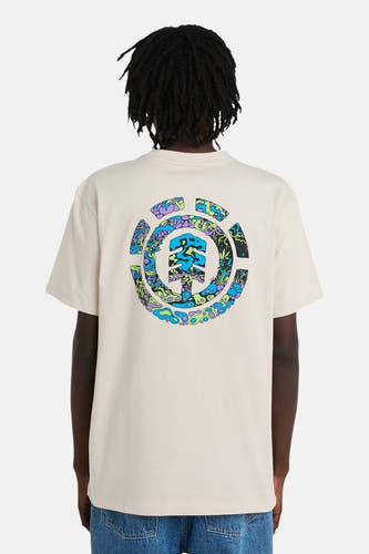 Beige T-shirt met korte mouwen van ELEMENT, met een abstracte, cirkelvormige print op de rug.