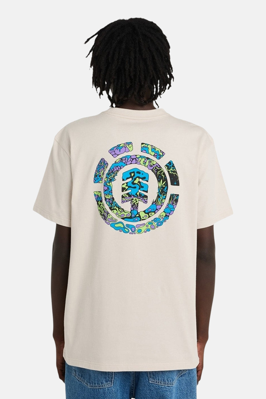 Beige T-shirt met korte mouwen van ELEMENT, met een abstracte, cirkelvormige print op de rug.