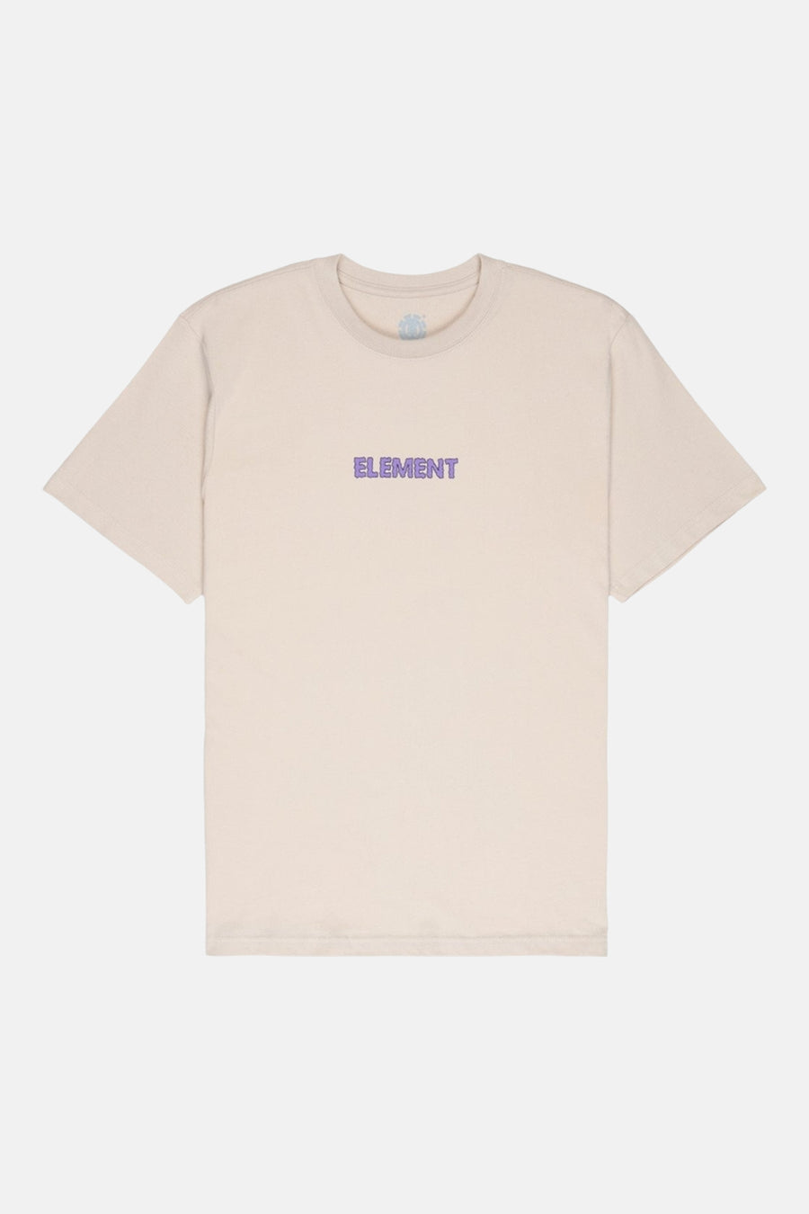 T-shirt beige à manches courtes de ELEMENT, avec un lettrage de marque violet sur la poitrine.