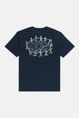 Blauw T-shirt met korte mouwen van ELEMENT, met print van poppetjes rond een draaitafel op de achterkant.
