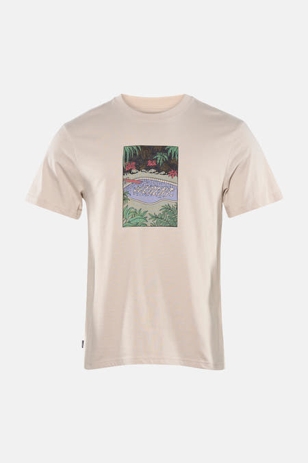 Beige T-shirt met korte mouwen van ELEMENT, met een opdruk van een zwembad omgeven door planten.