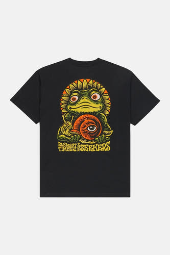 Zwart T-shirt met korte mouwen van ELEMENT met een opdruk van een groene kikker en een slak met een oog.