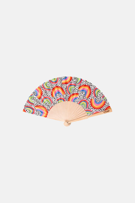 Multicolor waaier met regenboogprint en stippen, van EAT MY SOCKS, houten frame, geopend, front view