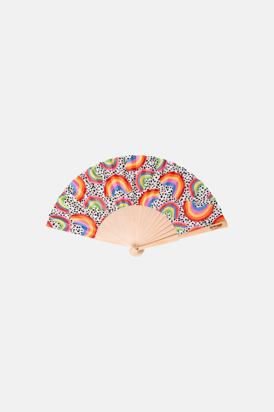 Multicolor waaier met regenboogprint en stippen, van EAT MY SOCKS, houten frame, geopend, front view