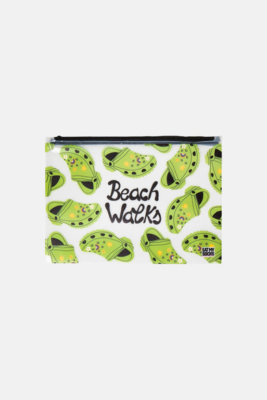 Multicolor toilettas met groene slippersprint en tekst "Beach Walks" van EAT MY SOCKS, voorzien van zwarte rits, front view