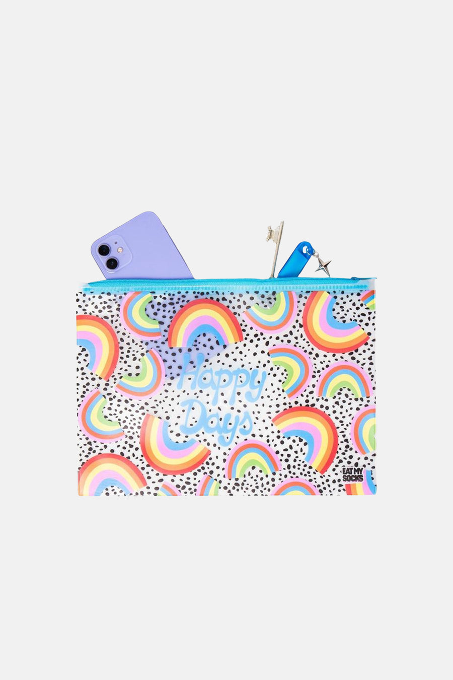 Multicolor toilettas met regenboogprint en stippen, van EAT MY SOCKS, met Happy Days tekst en blauwe rits, gevuld met telefoon en sleutels