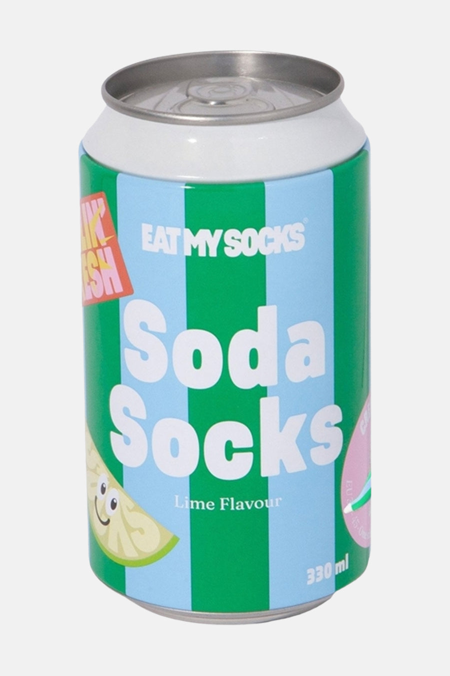 Groene sokken met blauwe strepen van EAT MY SOCKS, lime smaak, in blik met glimlachende limoen afbeelding