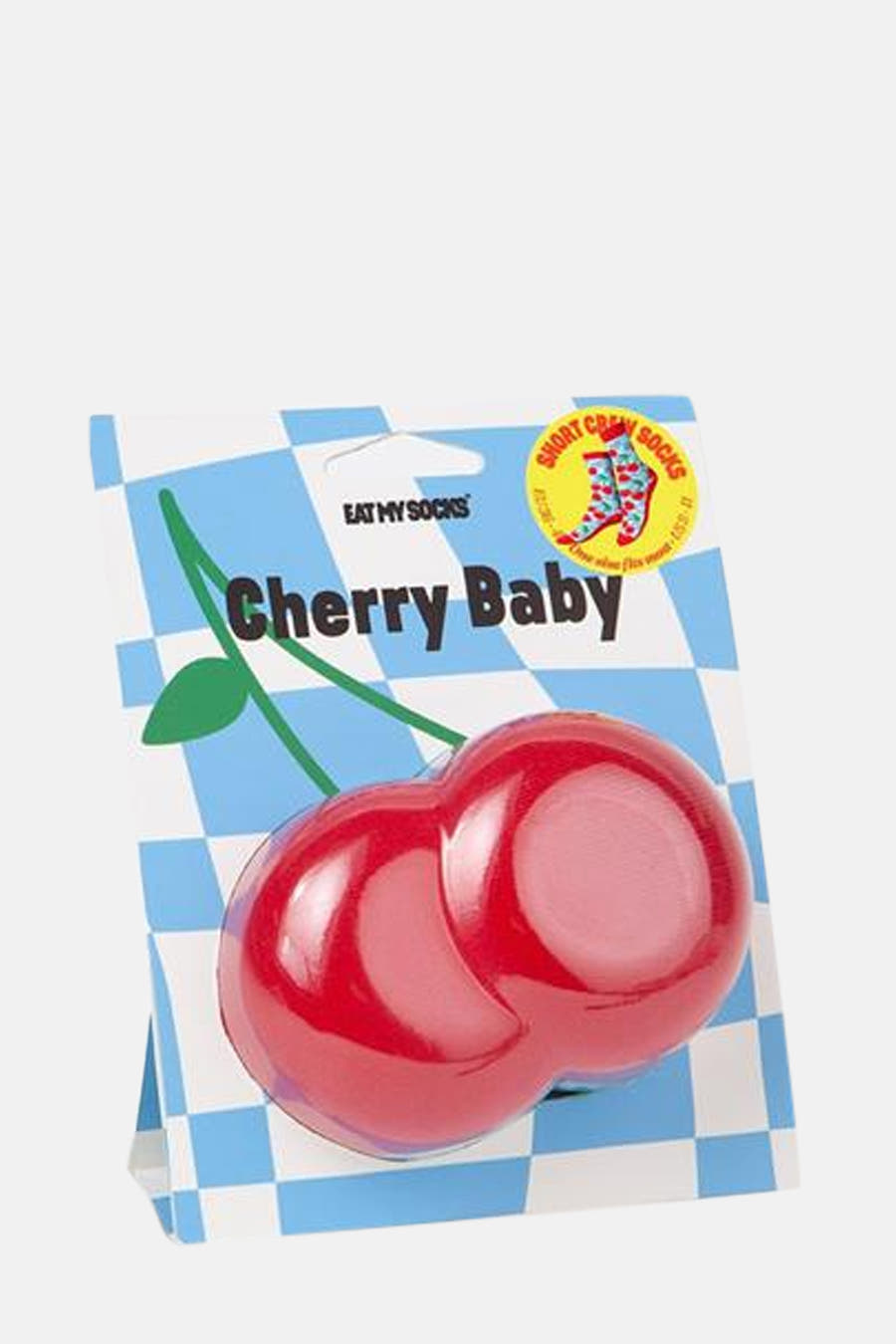 Chaussettes multicolores d'EAT MY SOCKS, emballées comme un paire de cerises rouges sur un fond rayé bleu et blanc.