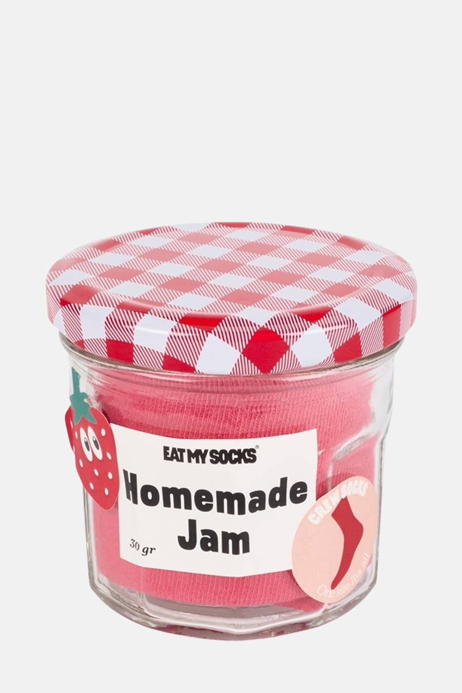 Chaussettes roses d'EAT MY SOCKS, emballées dans un pot avec un couvercle en forme de raisin et une étiquette fraise.